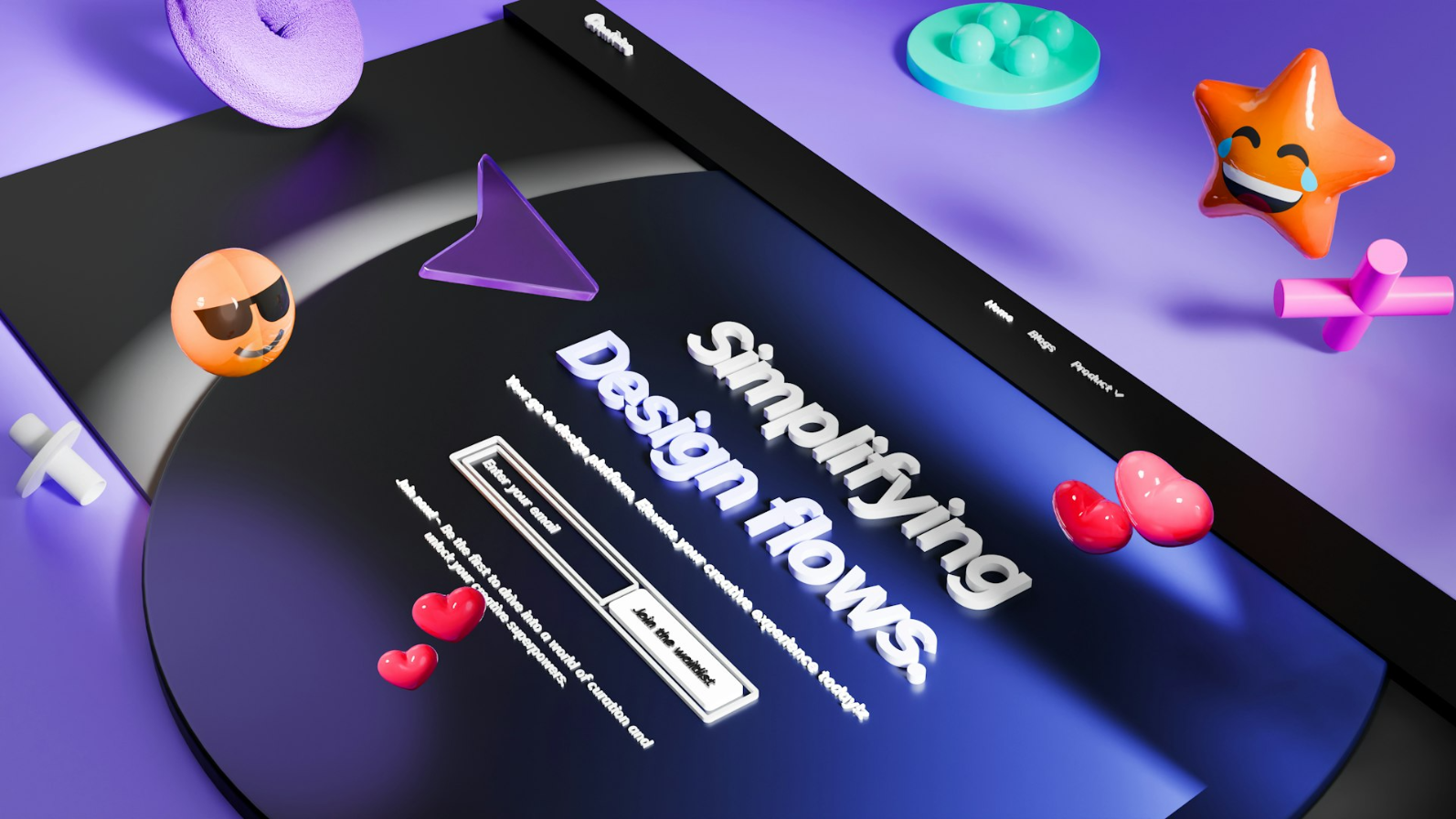 3D abstract shapes and emojis on purple background.